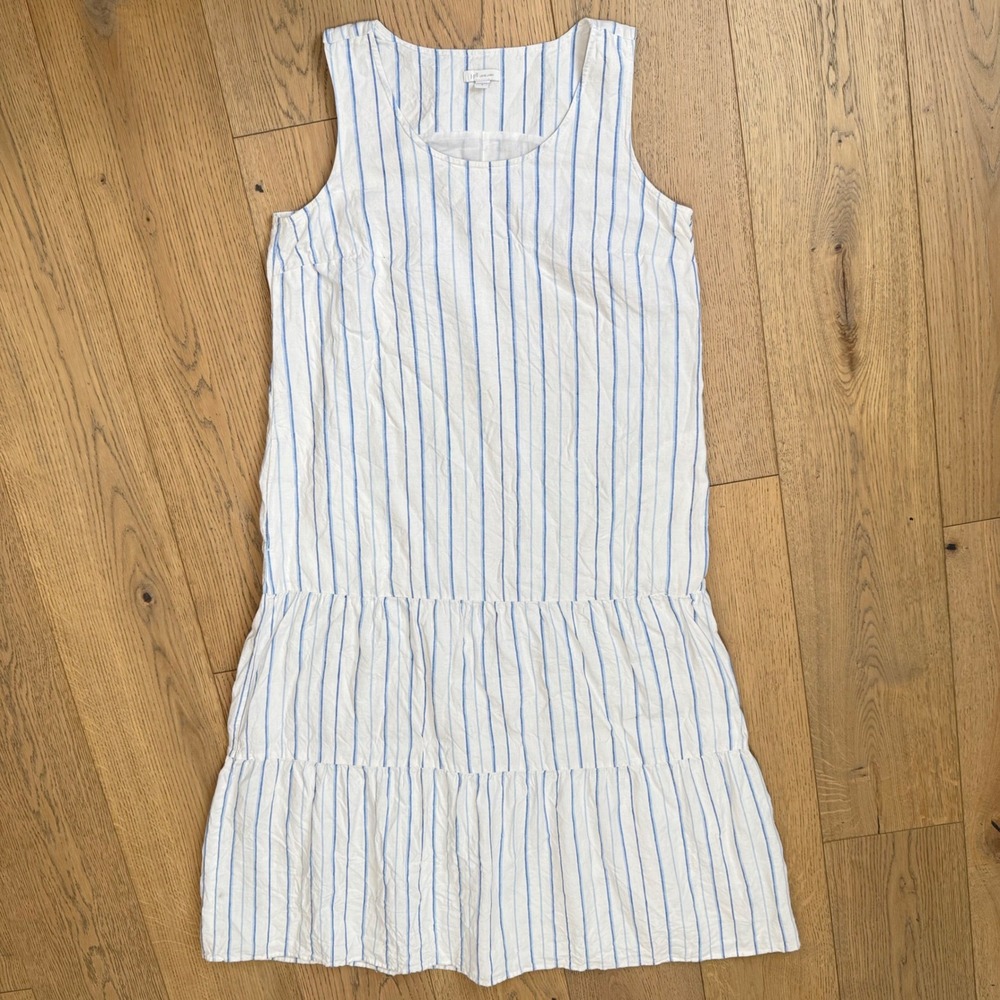 J. Jill Blue White Striped Tiered‎ Midi Dress Pockets Medium Sleeveless Coastal